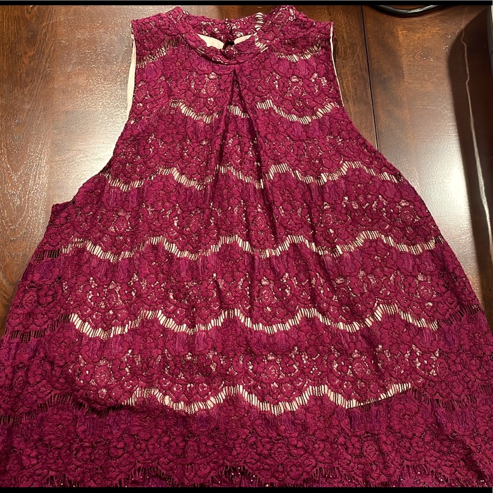 Lace halter top, maroon in color